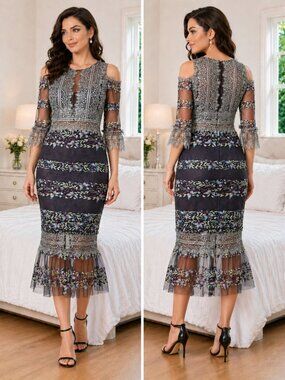 Marchesa Notte Navy Lace Open Shoulder Midi Dress $795